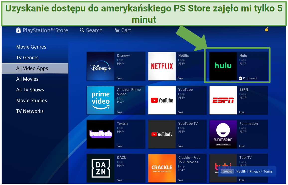 Screenshot of PlayStation Store on PS4 with Hulu and other video apps