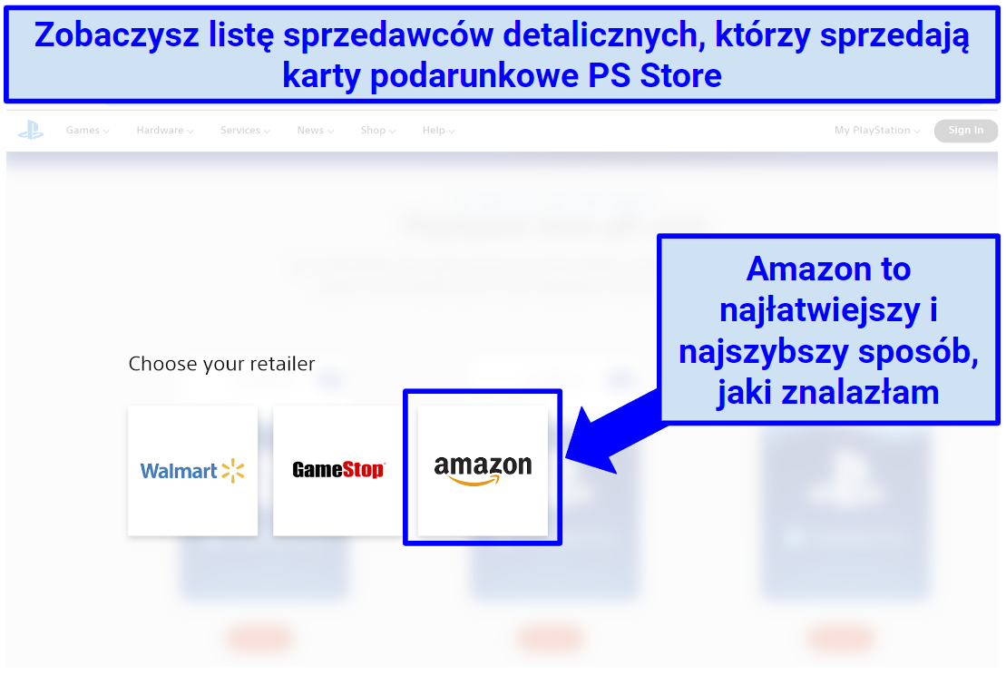 Screenshot of PlayStation Store Gift Card retailers: Amazon, GameStop, and Walmart