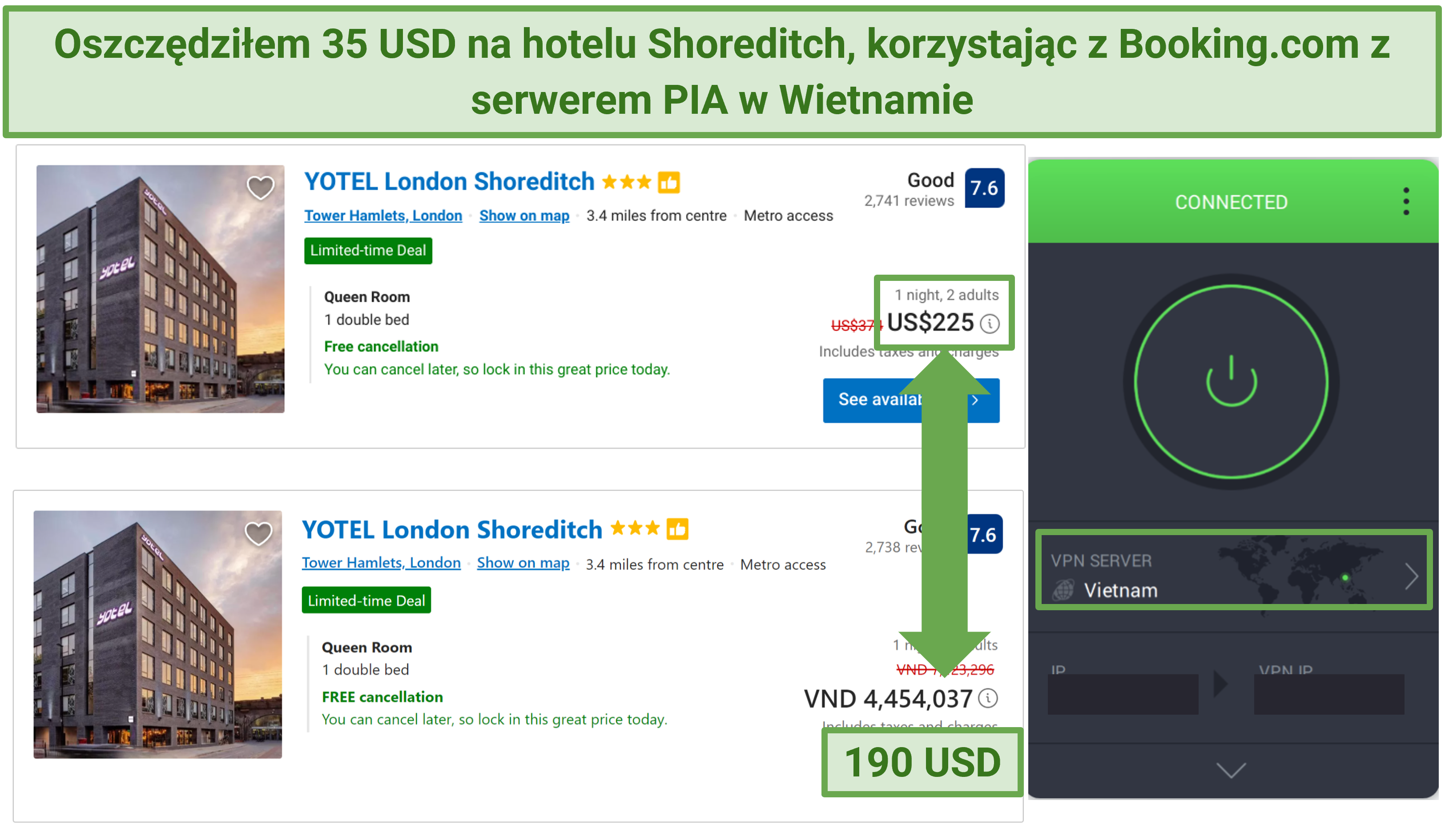 Screenshot of hotel prices on Booking.com with discounts when connected to PIA's Vietnam server
