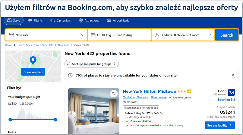 Zrzut ekranu przedstawiający stronę główną Booking.com wraz z opcjami filtrów umożliwiającymi łatwe wyszukiwanie hotelu, lotu lub samochodu