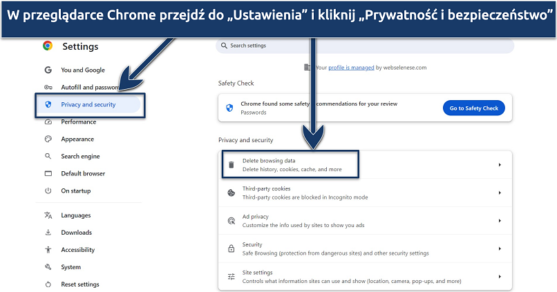 Zrzut ekranu pokazujący, jak wyczyścić pliki cookie i pamięć podręczną w przeglądarce Chrome