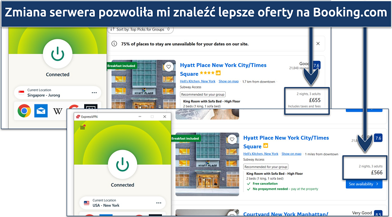 Zrzut ekranu pokazujący, że na Booking.com można łatwo znaleźć tańsze oferty noclegów w hotelu