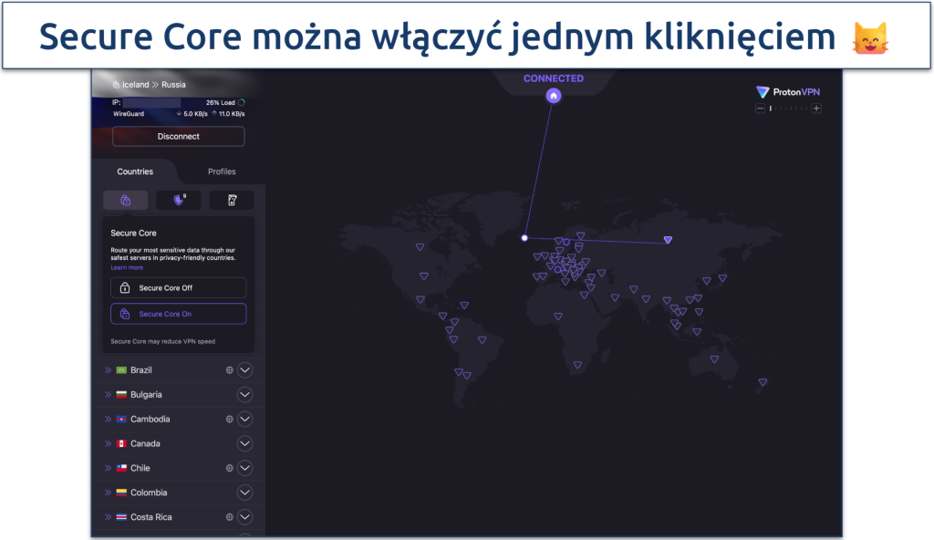 Screenshot of ProtonVPN's interface showing an active VPN connection