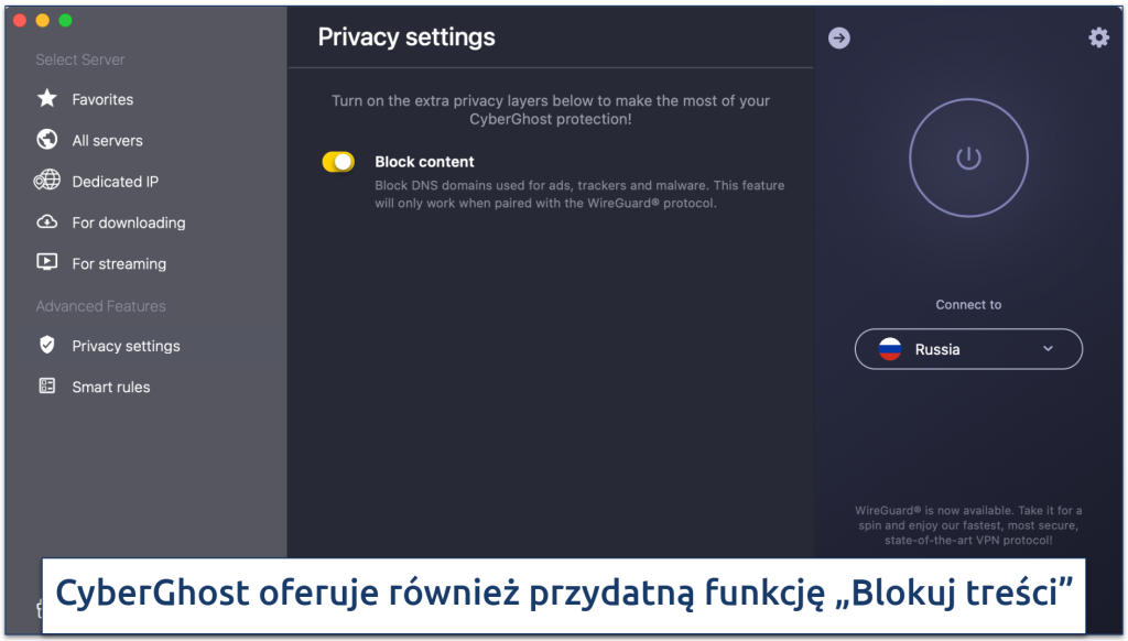 Screenshot showing how to enable CyberGhost's Block content feature