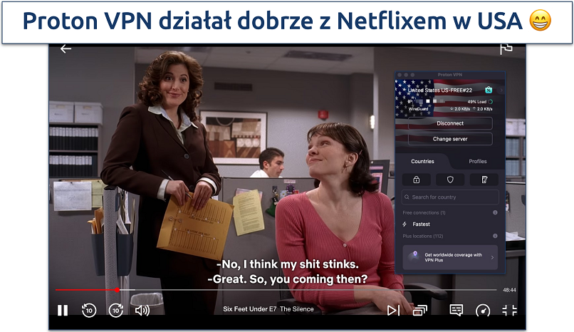 Zrzut ekranu z serialu Sześć stóp pod ziemią na Netflix US z podłączonym Proton VPN