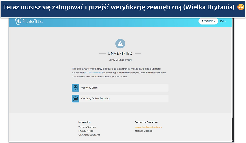 Screenshot of the AllpassTrust age verification page, showing options for email or online banking options