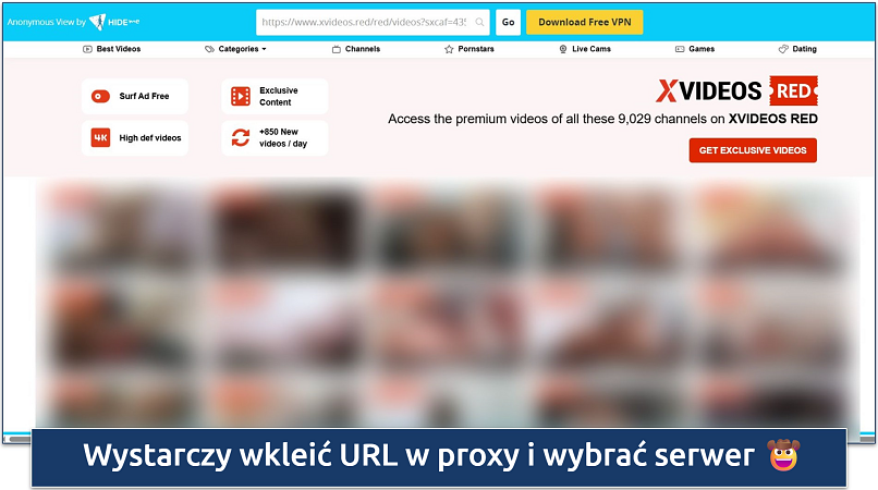 Screenshot of XVideos loaded via the hide.me web proxy