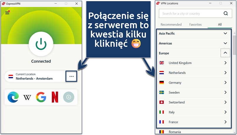 Screenshot of ExpressVPN’s Windows app showcasing part of its server selection