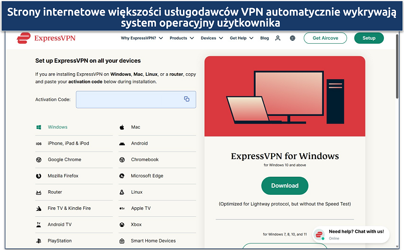 Screenshot of the ExpressVPN account dashboard with its app download options