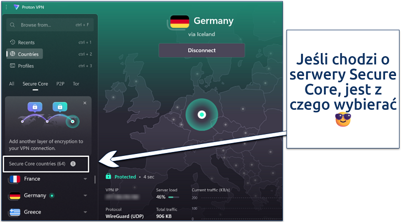 Screenshot of Proton VPN Windows app dashboard showing Secure Core servers